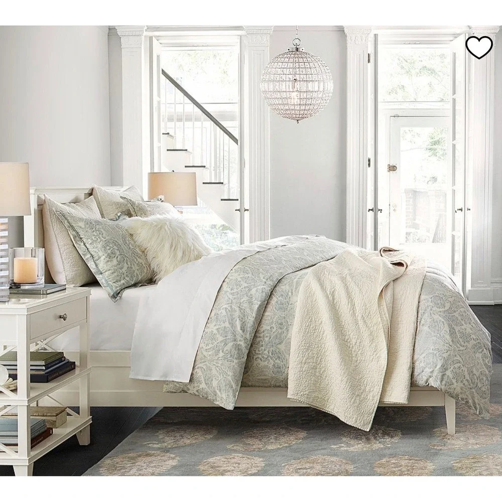 Pottery Barn Samantha‎ Damask Sateen Duvet Cover Blue White Cotton Full Queen
